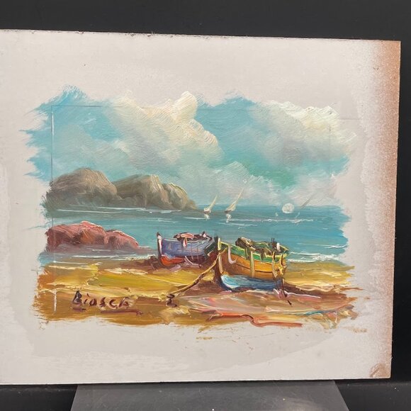 Small Oil Painting on Fiberboard Fishing Boats Sailboats Seashore Island Signed - Picture 1 of 7